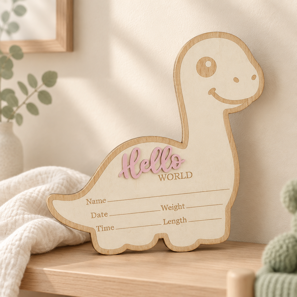 AI lifestyle photo of the dinosaur announcement plaque in a warm nursery setting