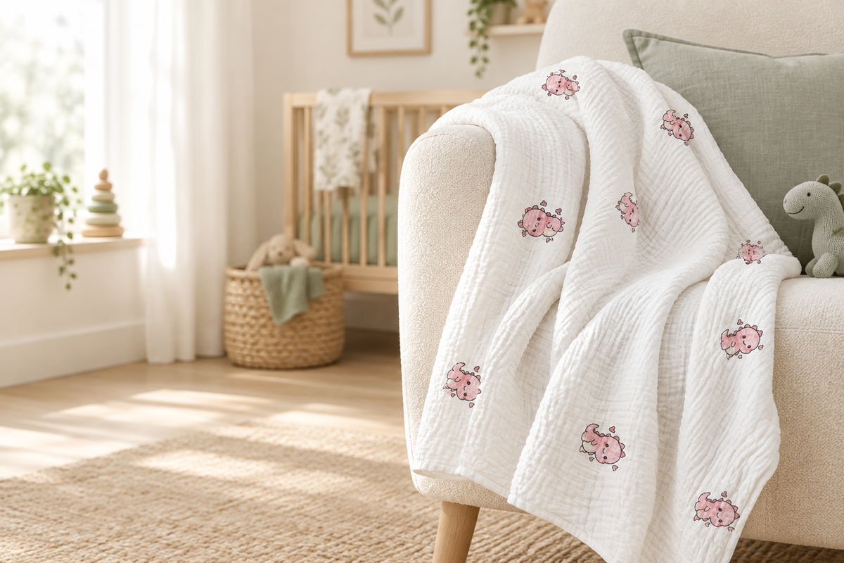 AI lifestyle photo of the pink dinosaur blanket in a softly lit nursery