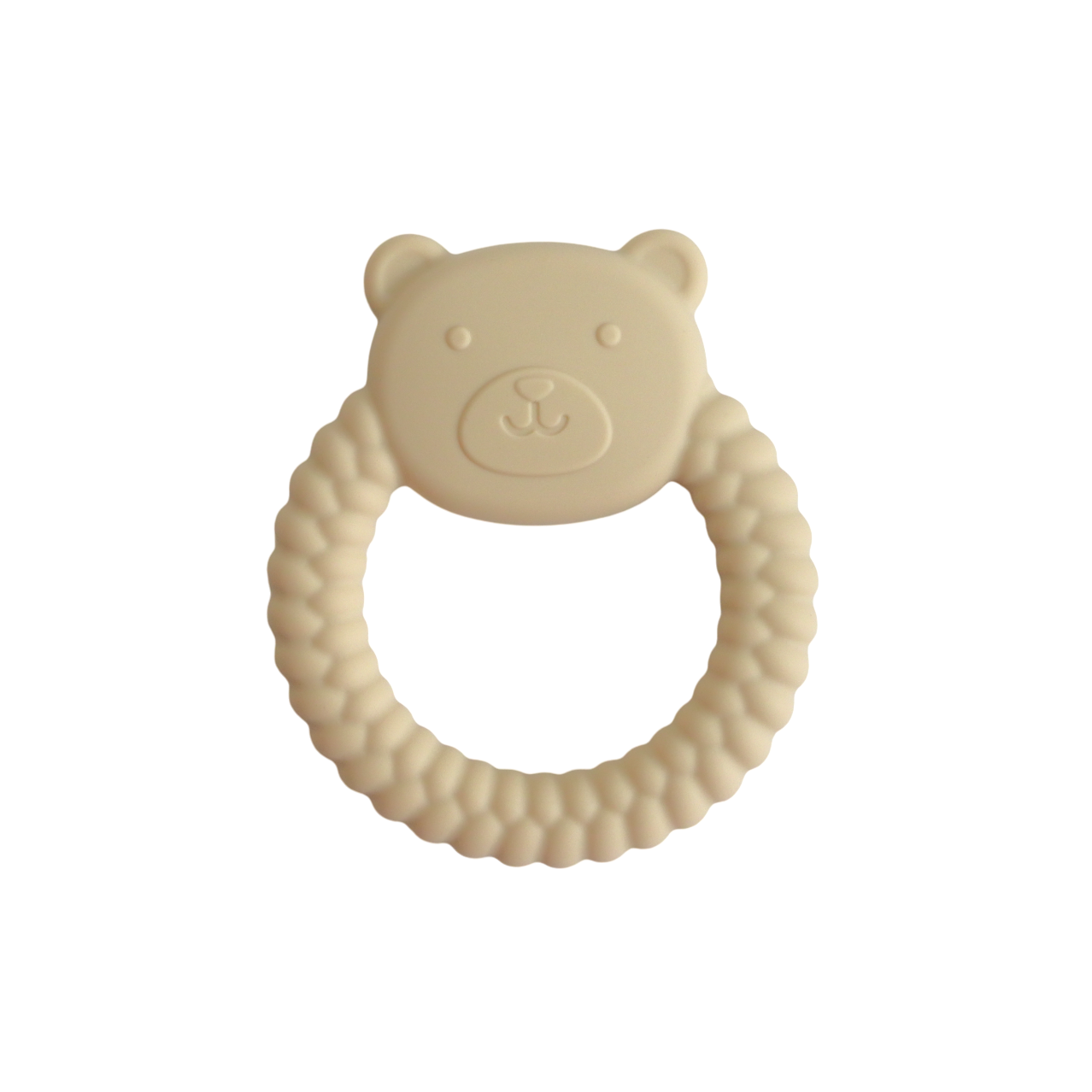Beige bear-shaped teething ring on a white background