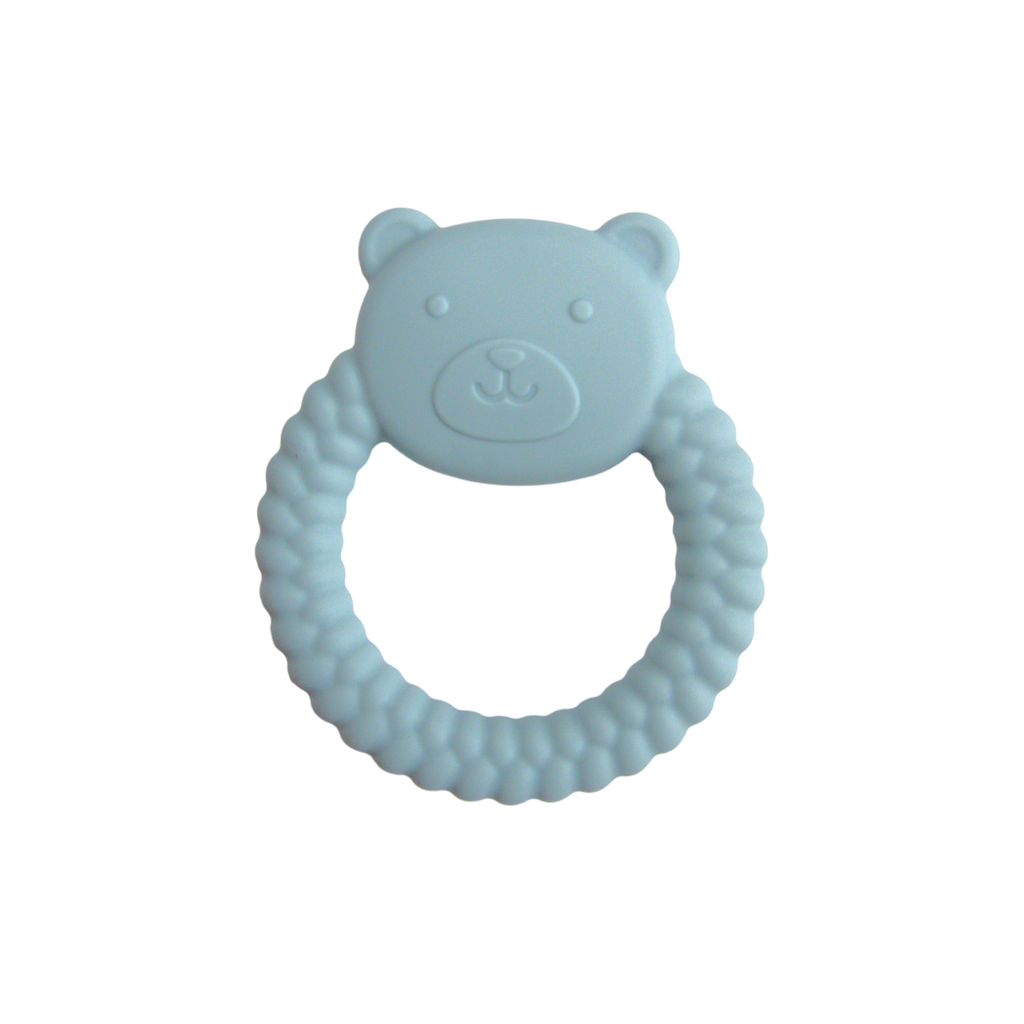 Blue bear-shaped teething ring on a white background