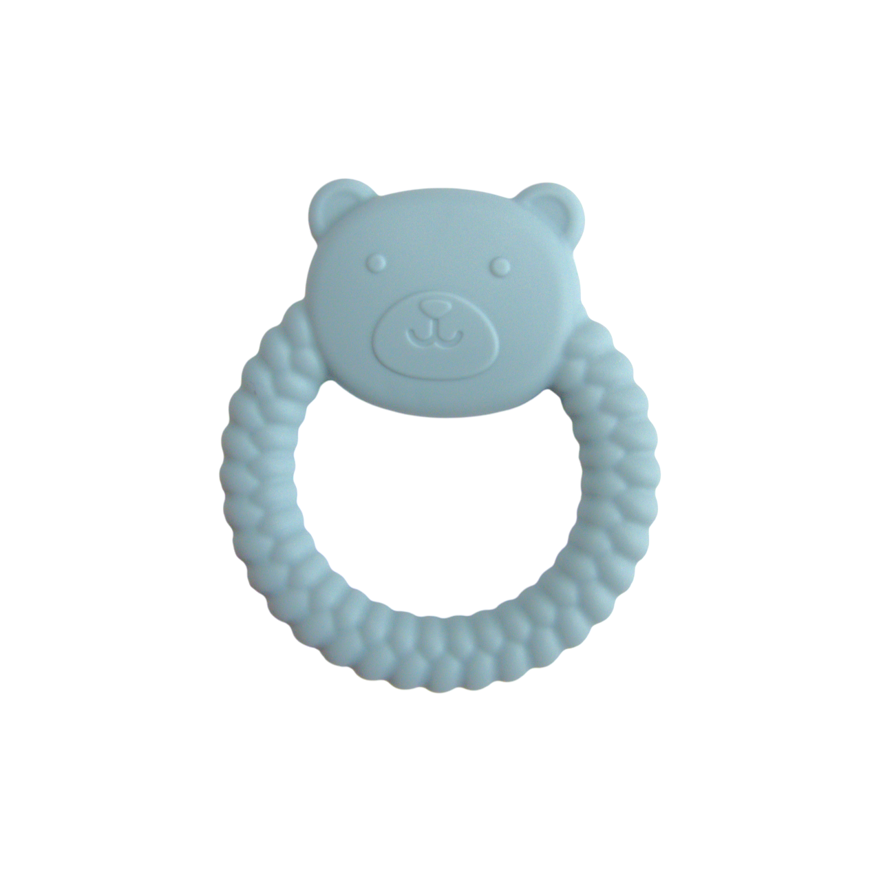 Blue bear-shaped teething ring on a white background