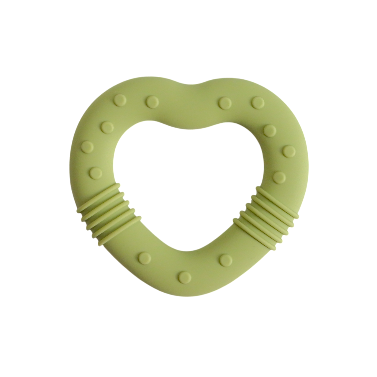 Heart-shaped green teething ring on a white background