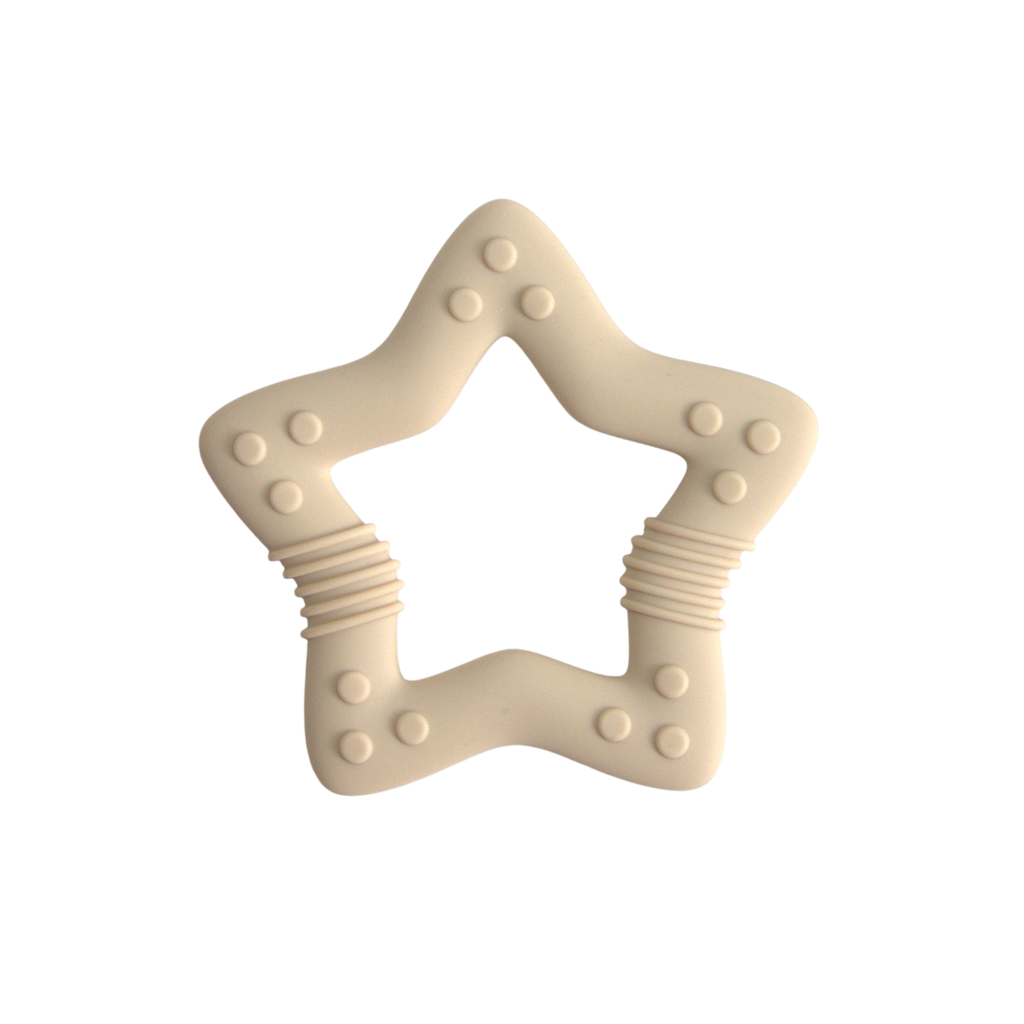 Star-shaped beige teething toy on a white background