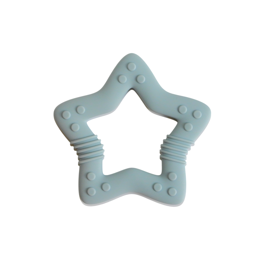 Star-shaped blue teething toy on a white background