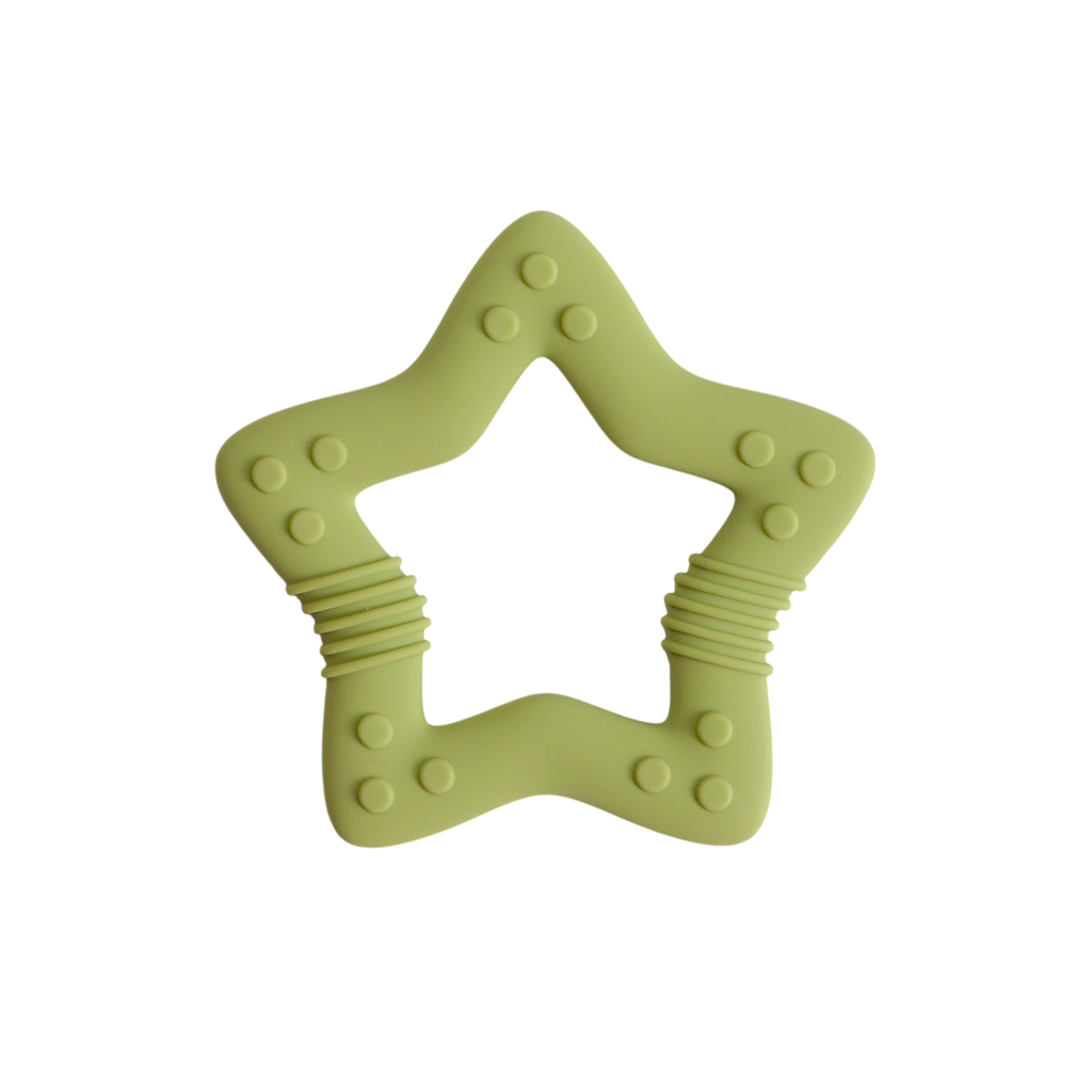 Star-shaped green teething toy on a white background