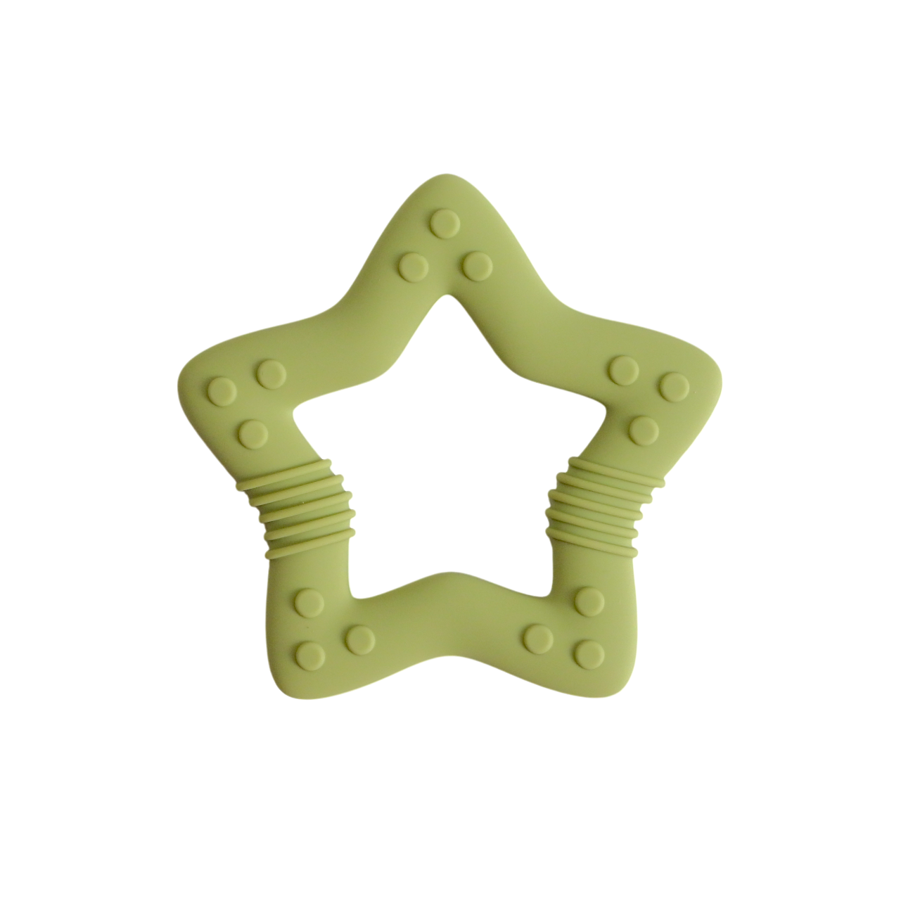 Star-shaped green teething toy on a white background